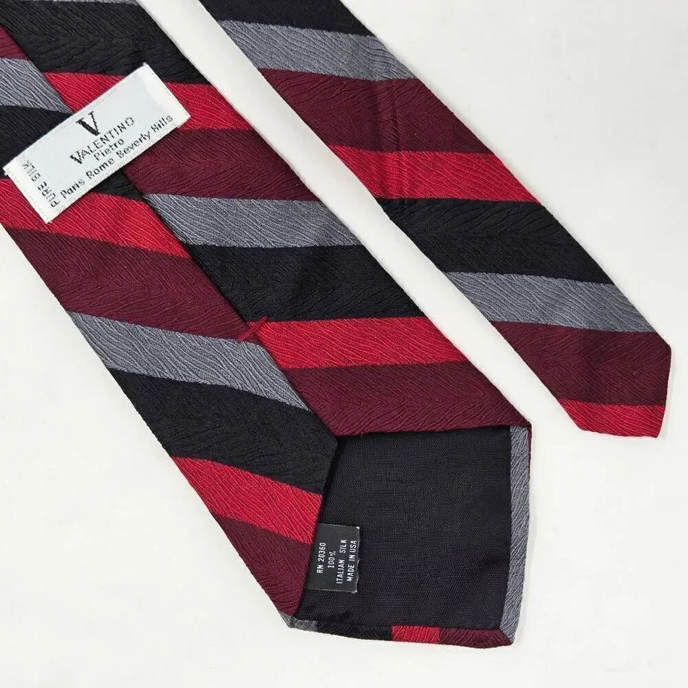 VALENTINO PIETRO USA MADE SILK TIE RED BLACK GRAY TEXTURED STRIPE 3.75